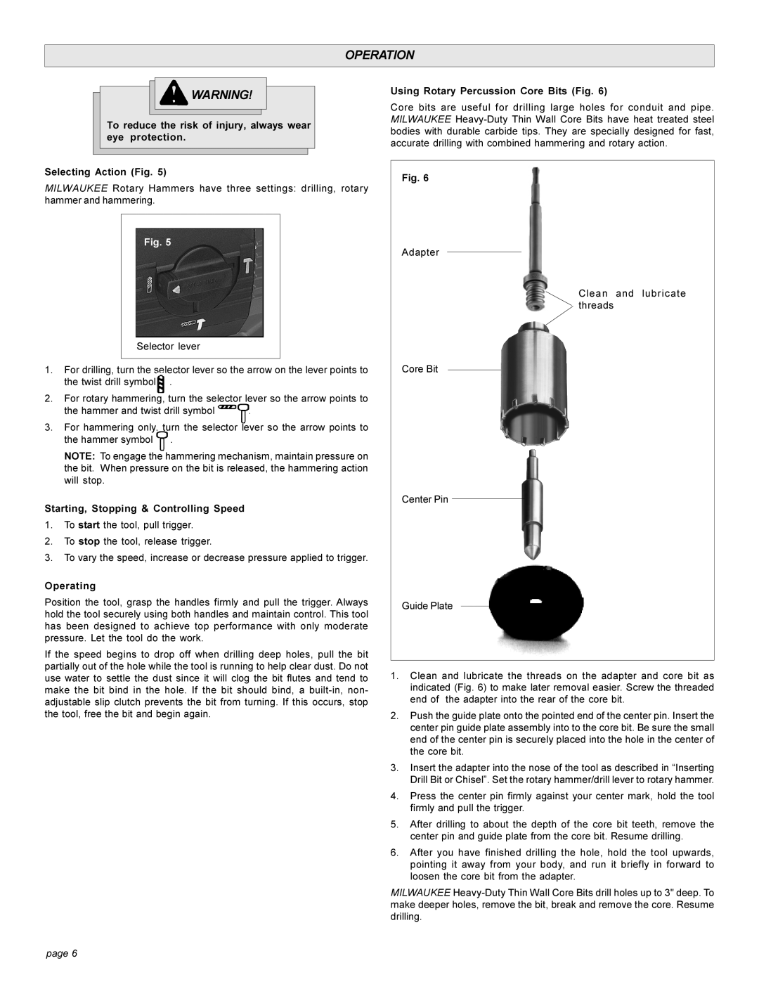 Milwaukee 5303-20 Operation, Starting, Stopping & Controlling Speed, Operating, Using Rotary Percussion Core Bits Fig 