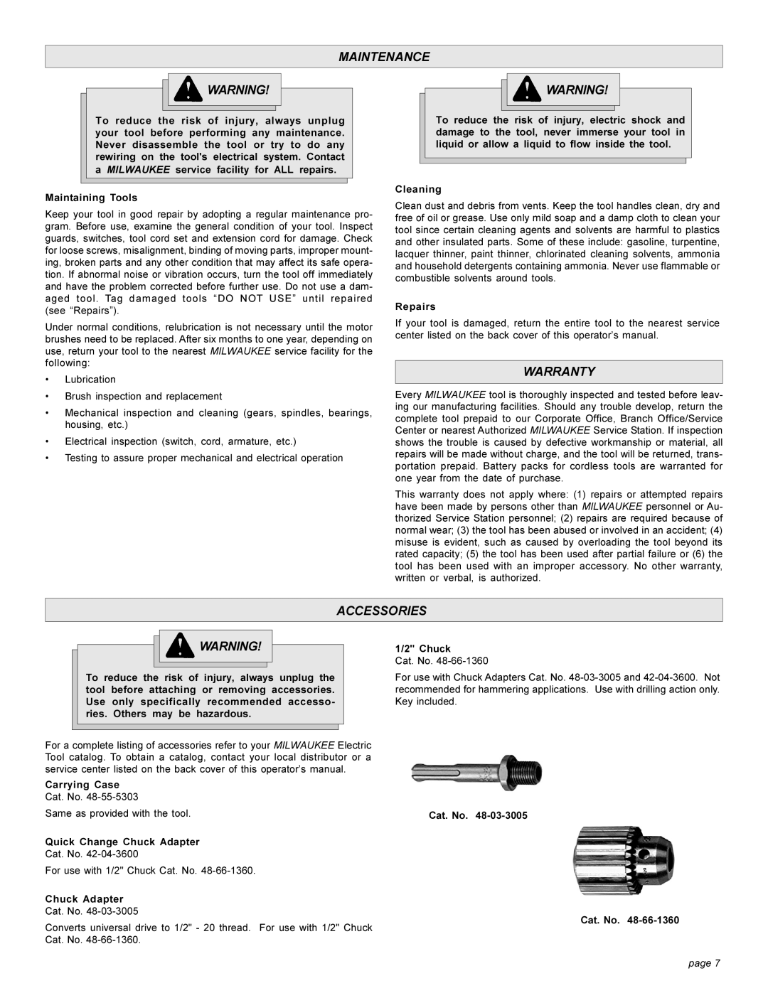 Milwaukee 5303-20 manual Maintenance, Warranty, Accessories 