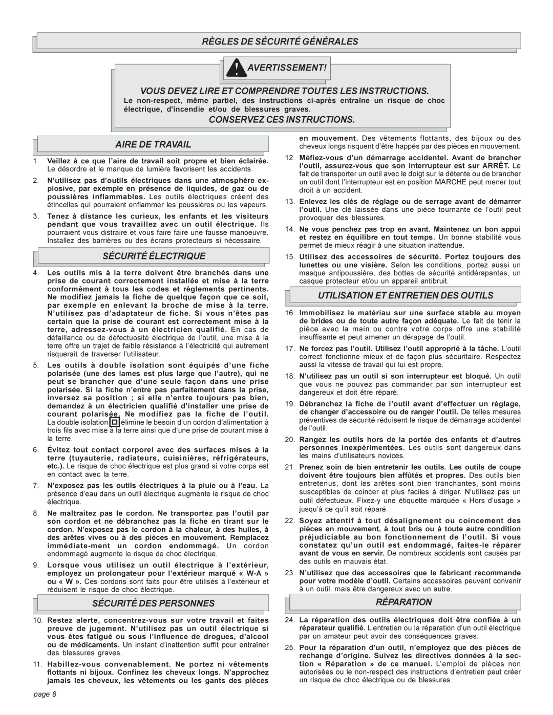 Milwaukee 5303-20 Conservez CES Instructions Aire DE Travail, Sécurité Électrique, Utilisation ET Entretien DES Outils 