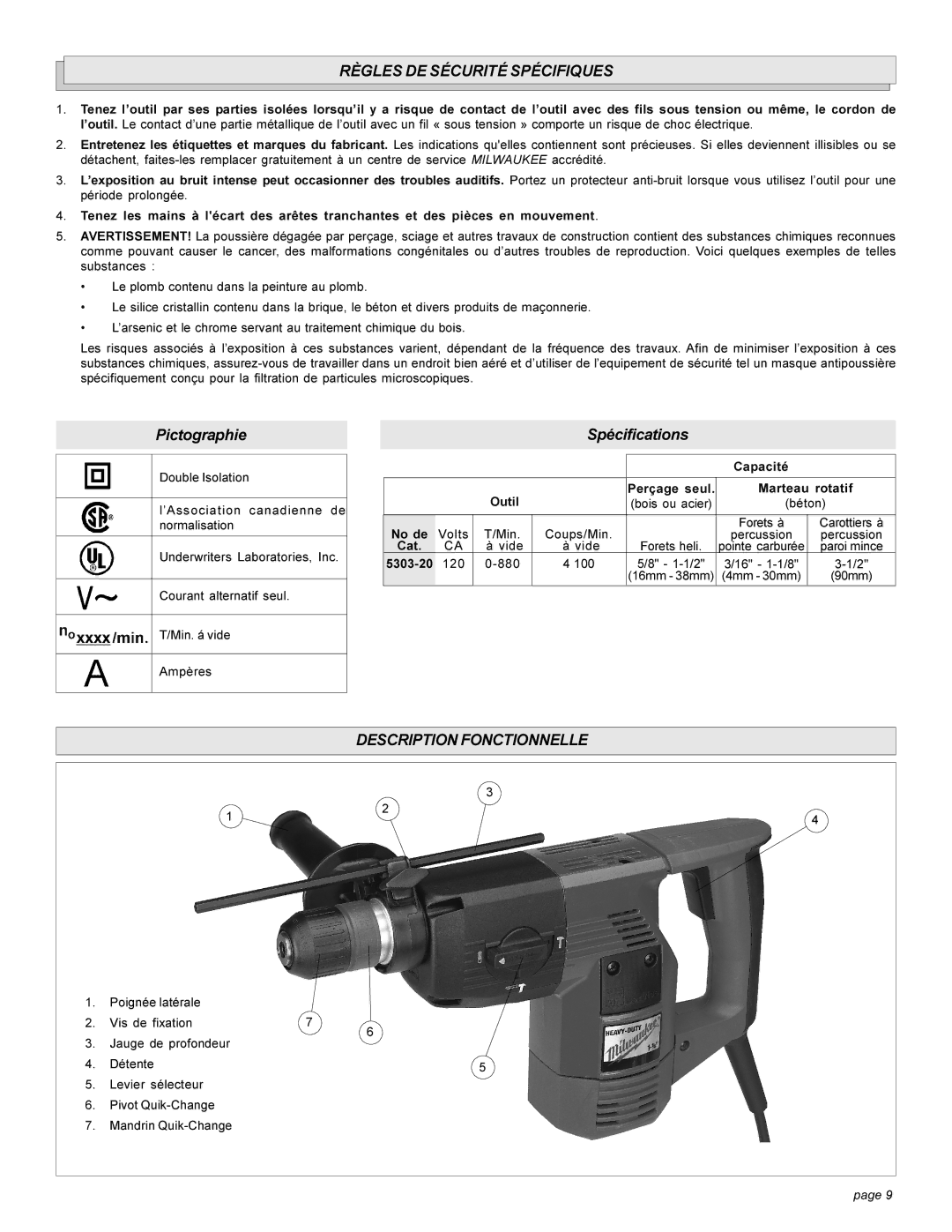 Milwaukee 5303-20 Règles DE Sécurité Spécifiques, Description Fonctionnelle, Capacité Outil Perçage seul Marteau rotatif 