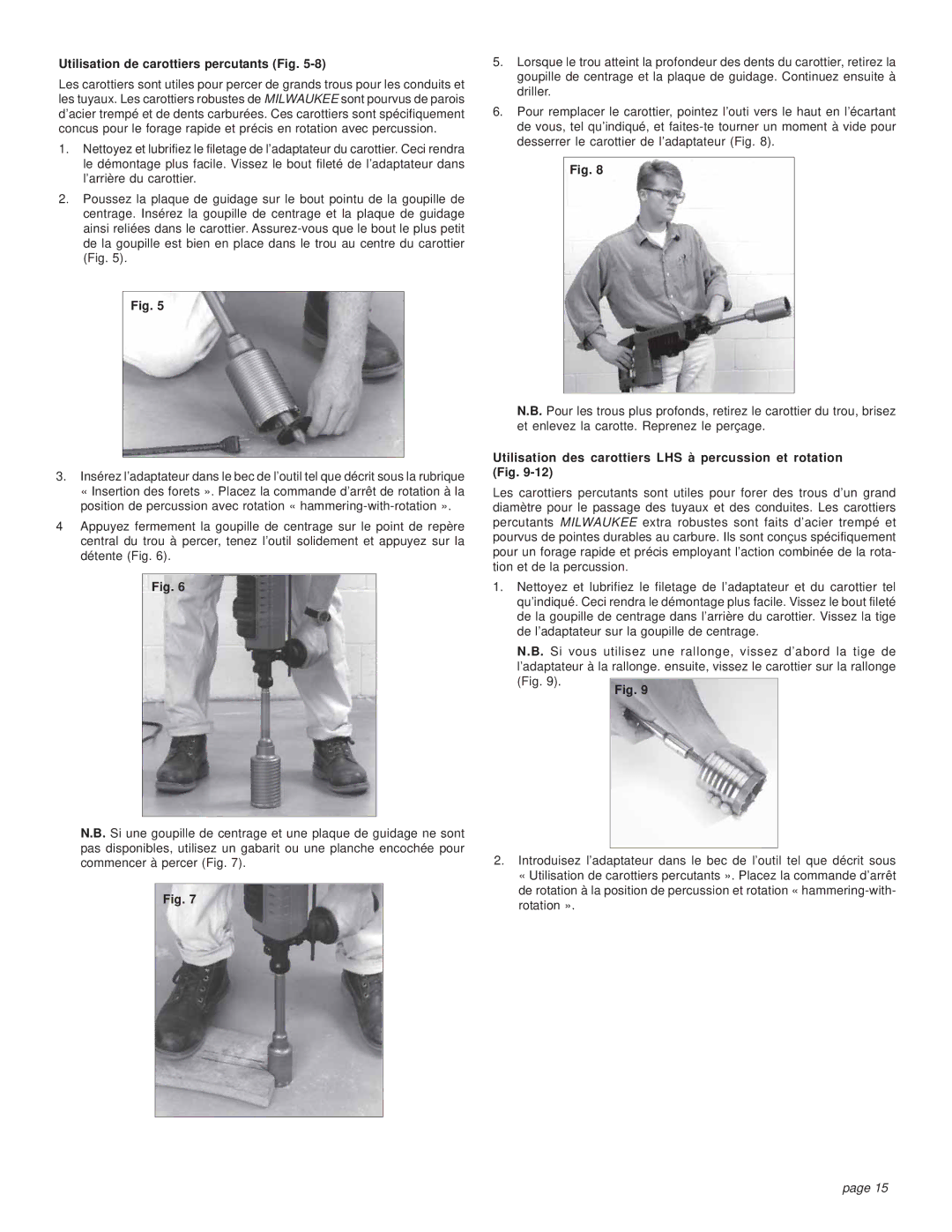 Milwaukee 5314-21 Utilisation de carottiers percutants Fig, Utilisation des carottiers LHS à percussion et rotation Fig 