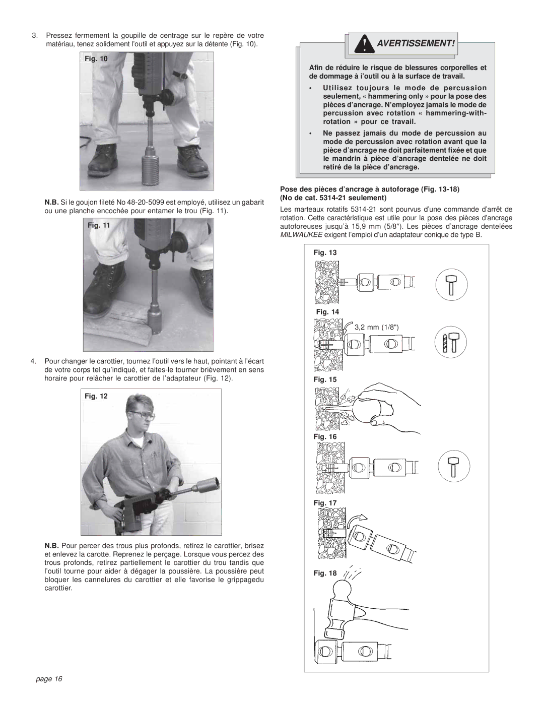 Milwaukee 5314-21 manual Avertissement 