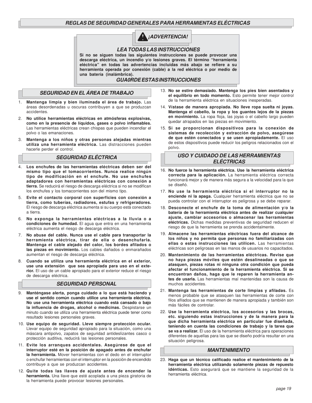 Milwaukee 5314-21 GUA0RDE Estas Instrucciones Seguridad EN EL Área DE Trabajo, Seguridad Eléctrica, Seguridad Personal 