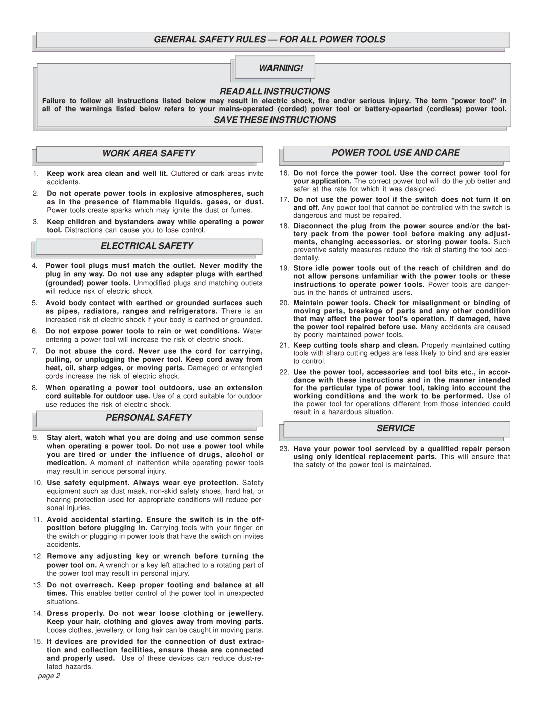 Milwaukee 5314-21 manual Work Area Safety Power Tool USE and Care, Electrical Safety, Personal Safety, Service 