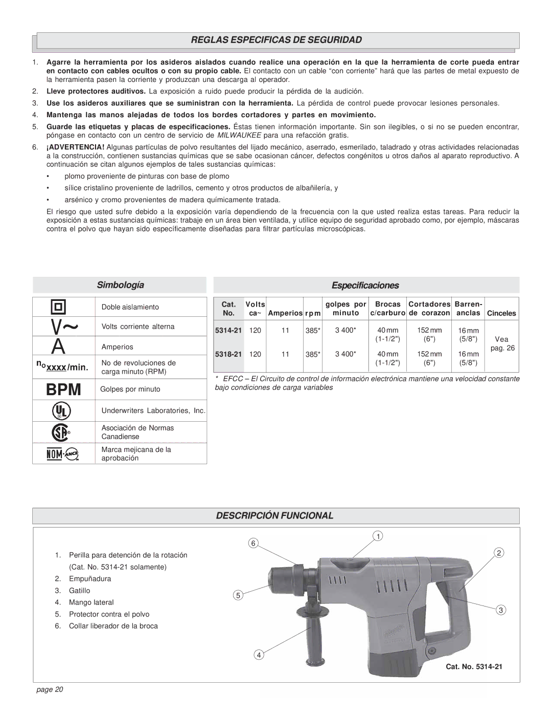 Milwaukee 5314-21 manual Reglas Especificas DE Seguridad, Descripción Funcional, Rpm Minuto Carburo De corazon Anclas 