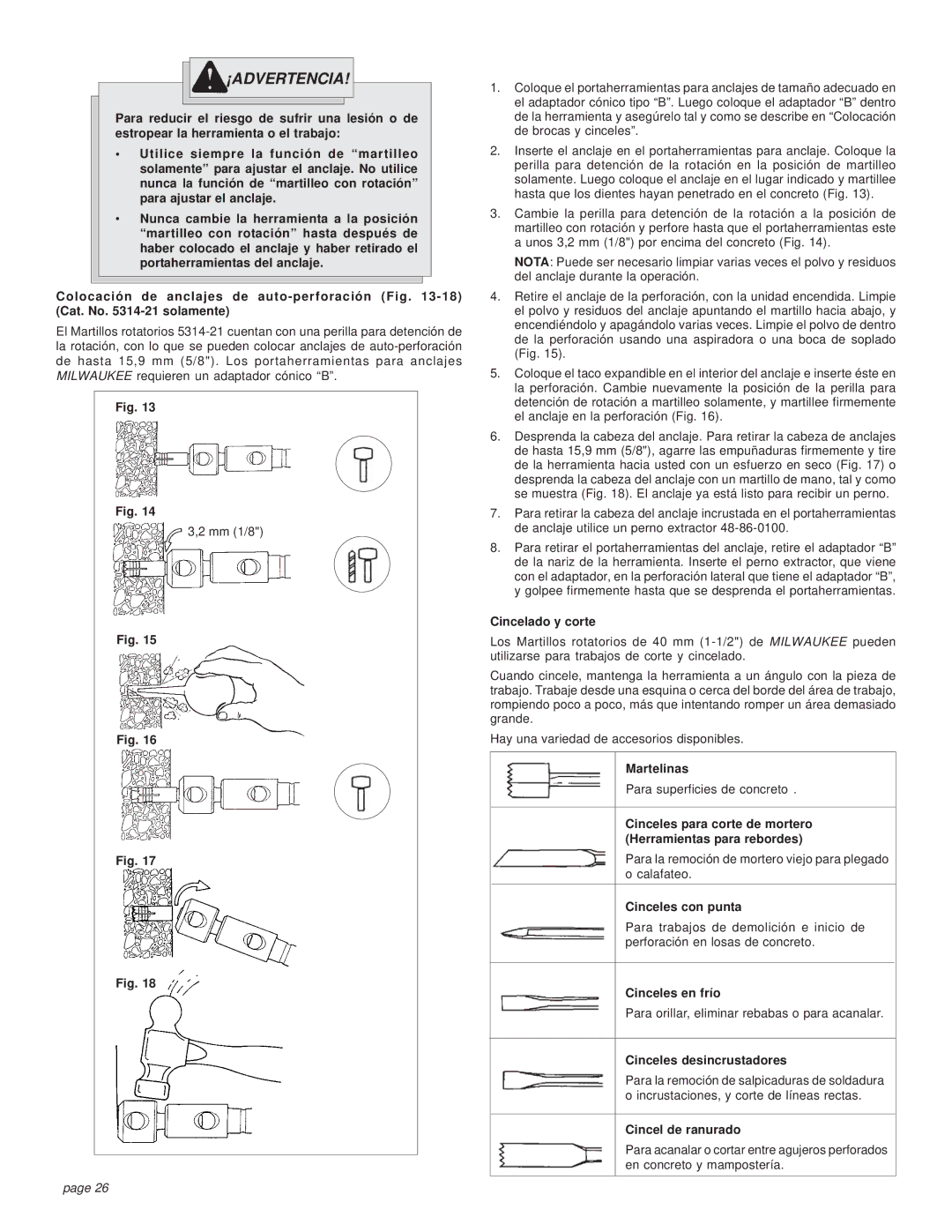 Milwaukee 5314-21 manual Cincelado y corte, Martelinas, Cinceles con punta, Cinceles en frío, Cinceles desincrustadores 