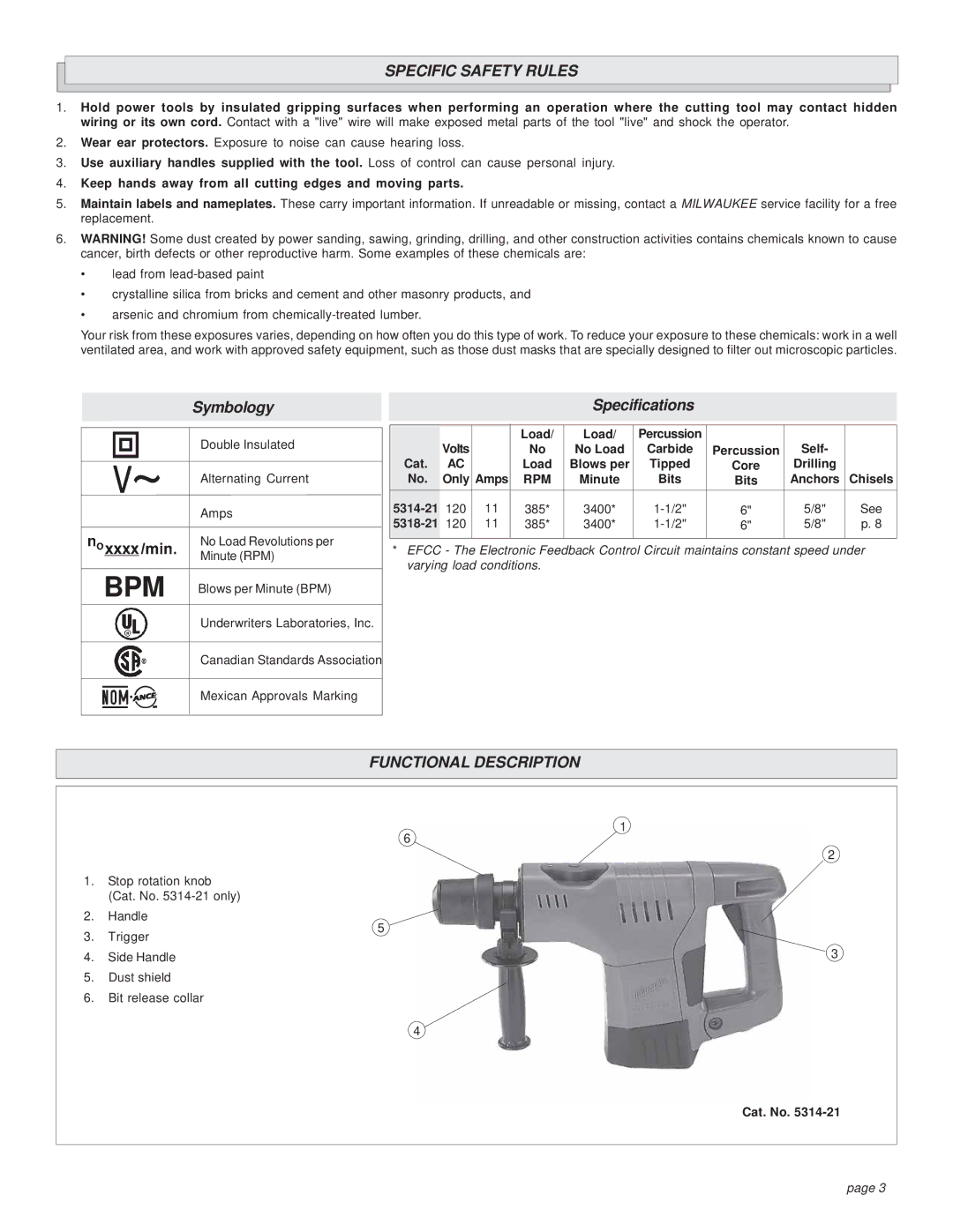 Milwaukee 5314-21 manual Specific Safety Rules, Functional Description 