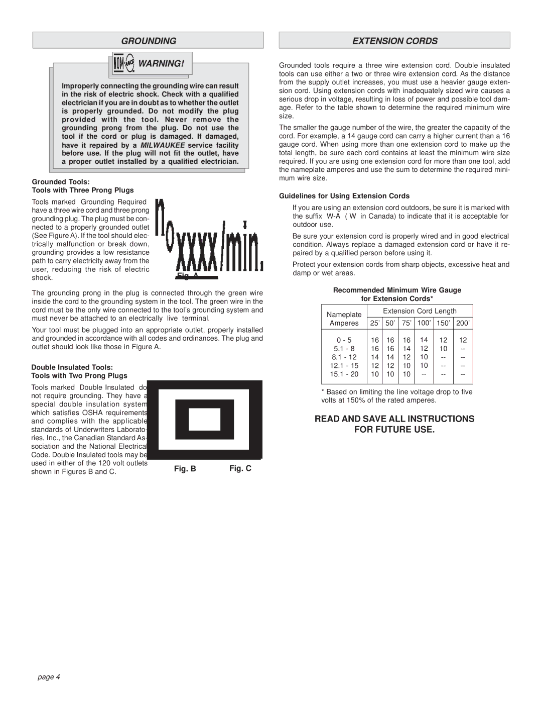 Milwaukee 5314-21 manual Grounding, Extension Cords 