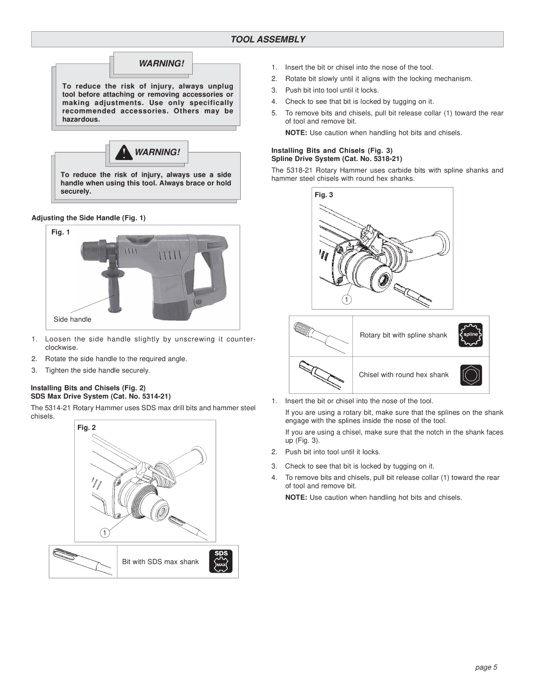 Milwaukee 5314-21 manual Tool Assembly, Installing Bits and Chisels Fig Spline Drive System Cat. No 