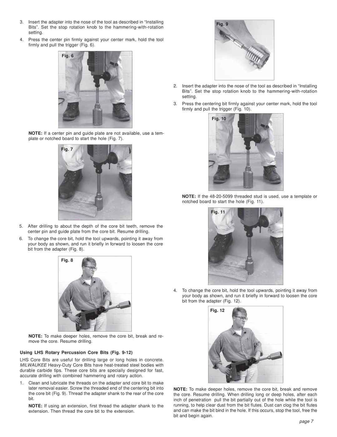 Milwaukee 5314-21 manual Using LHS Rotary Percussion Core Bits Fig 