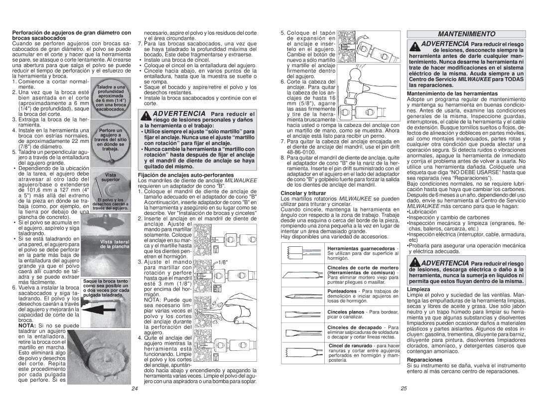 Milwaukee 5317-20 La herramienta o el trabajo, Cincelar y triturar, Las reparaciones Mantenimiento de las herramientas 