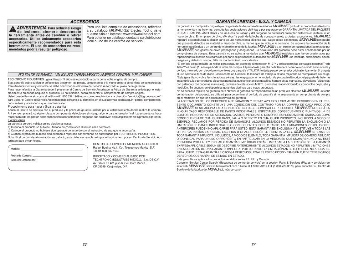 Milwaukee 5316-20 Accesorios, Garantía Limitada E.U.A. Y Canadá, Procedimiento para hacer válida la garantía, Excepciones 
