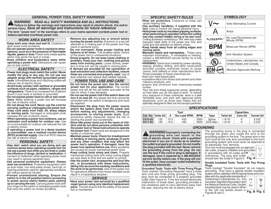 Milwaukee 5316-20 General Power Tool Safety Warnings, Electrical Safety, Power Tool USE and Care, Specific Safety Rules 