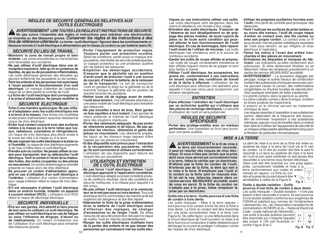 Milwaukee 5316-20, 5317-20 Sécurité DU Lieu DE Travail, Sécurité Électrique, Entretien, Règles DE Sécurité Spécifiques 