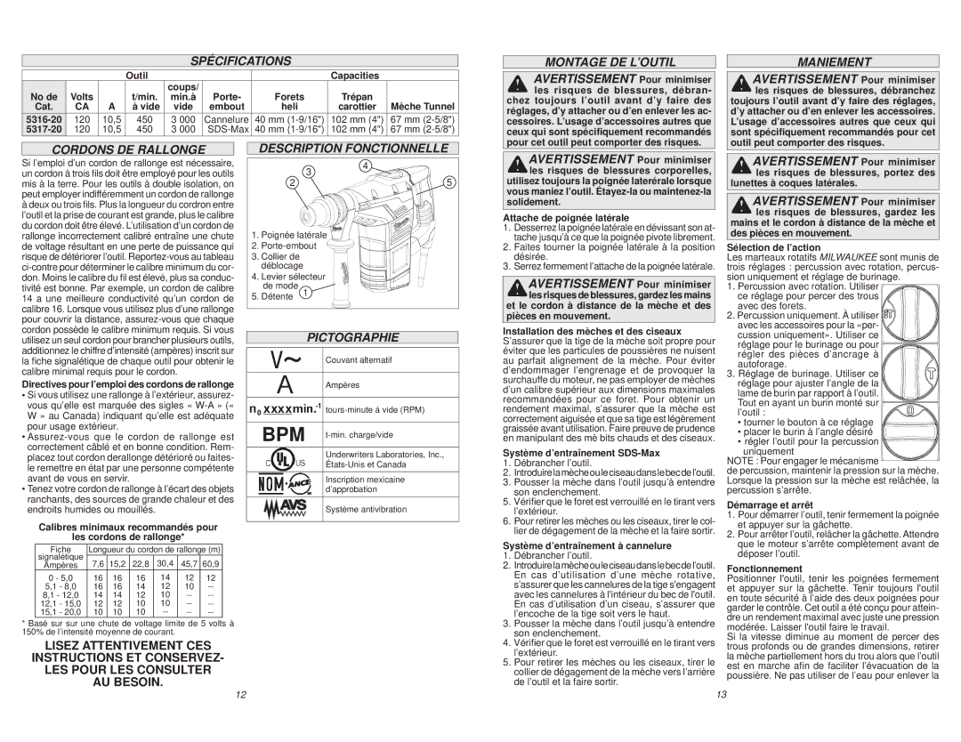 Milwaukee 5317-20, 5316-20 Spécifications, Montage DE L’OUTIL, Maniement, Cordons DE Rallonge, Description Fonctionnelle 