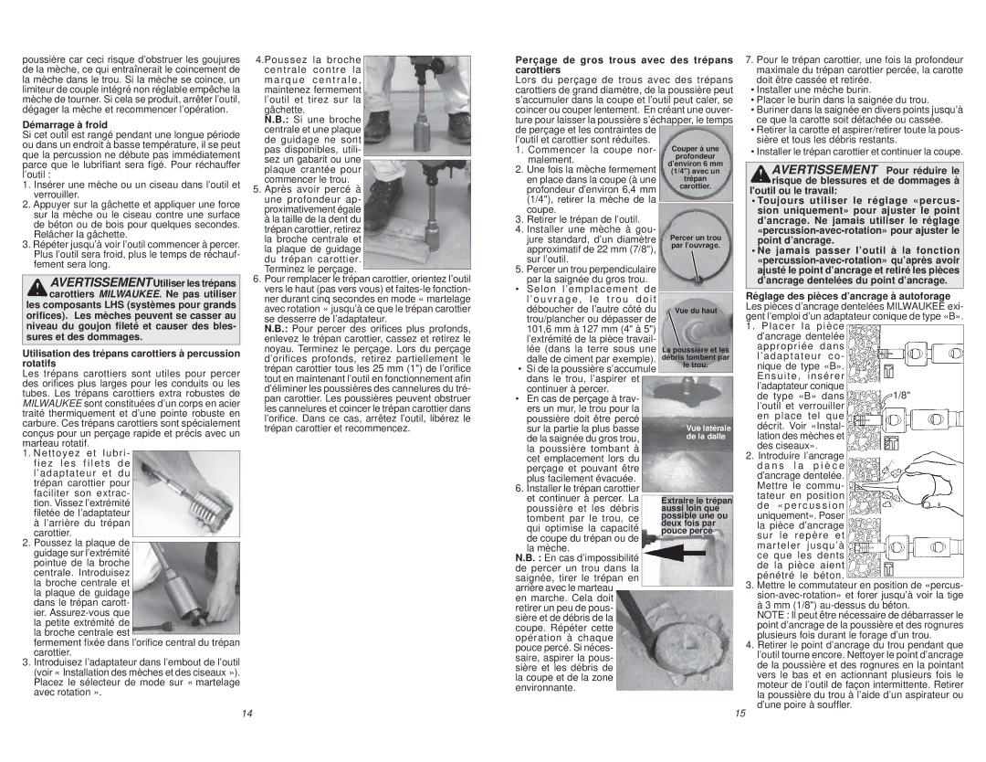 Milwaukee 5316-20, 5317-20 manual Démarrage à froid, Perçage de gros trous avec des trépans carottiers 