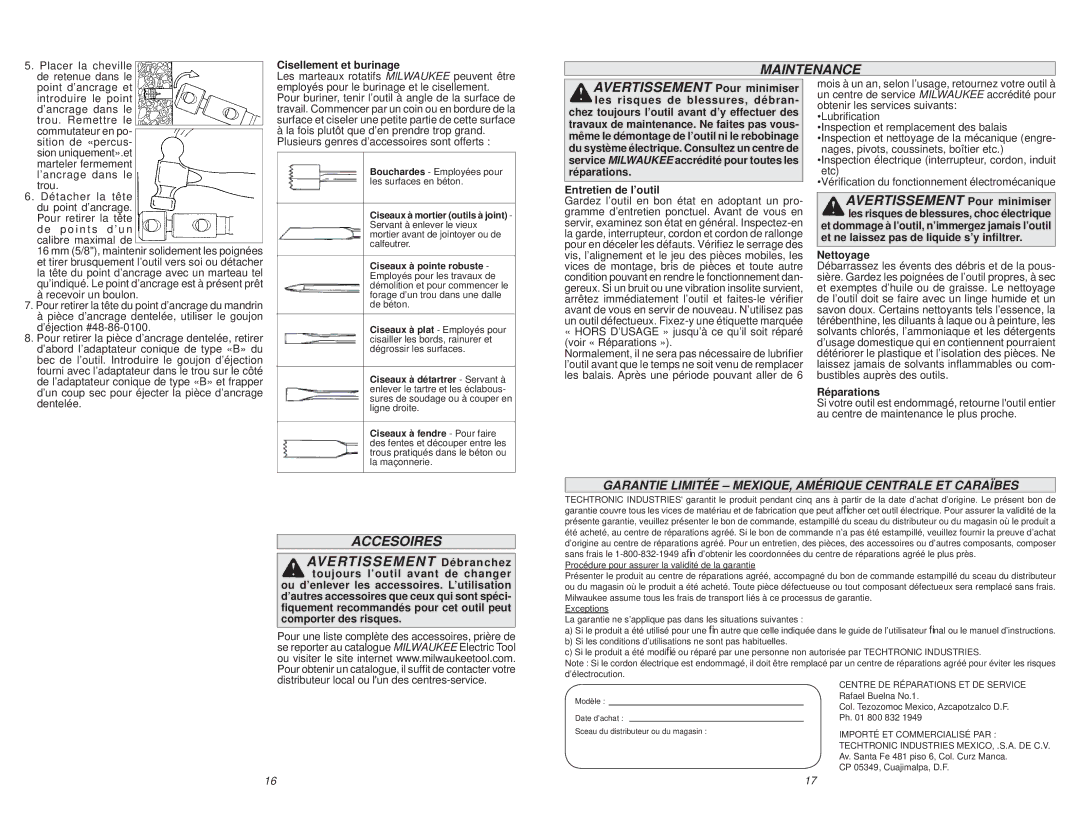 Milwaukee 5317-20, 5316-20 manual Accesoires, Garantie Limitée MEXIQUE, Amérique Centrale ET Caraïbes 
