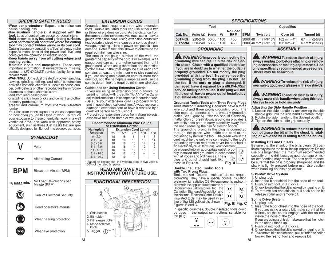 Milwaukee 5317-59A Specific Safety Rules, Extension Cords, Specifications, Grounding, Symbology, Functional Description 