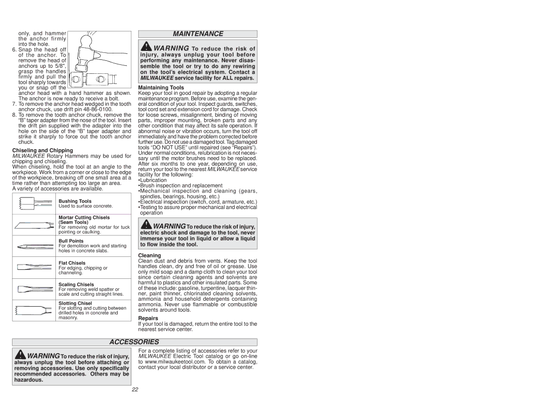 Milwaukee 5317-59A manual Maintenance, Accessories 