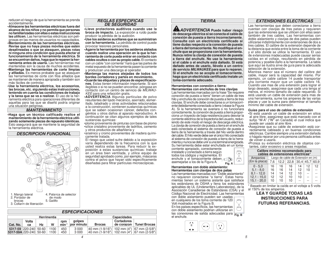 Milwaukee 5317-59 Mantenimiento, Descripcion Funcional, Reglas Especificas DE Seguridad, Tierra, Extensiones Electricas 