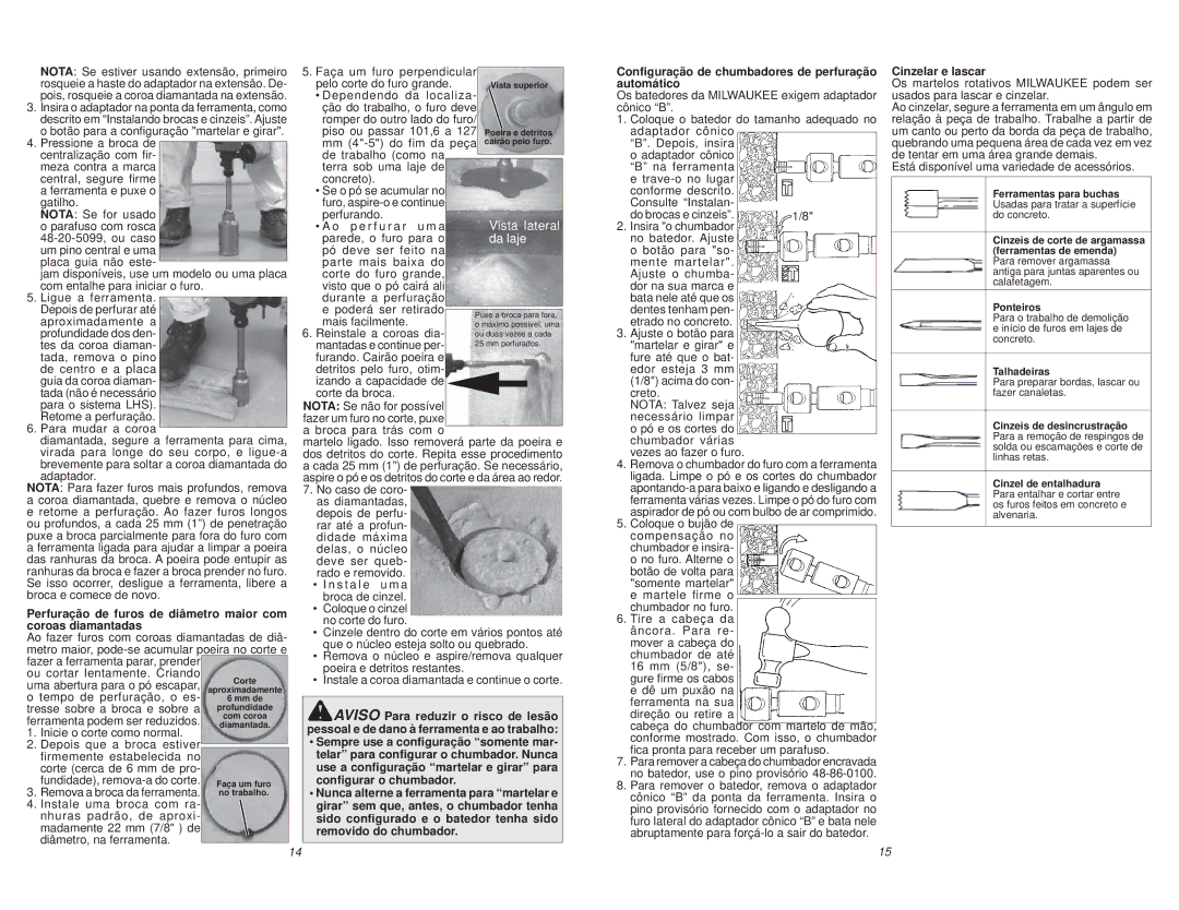 Milwaukee 5317-59A manual Conﬁguração de chumbadores de perfuração automático, Cinzelar e lascar 