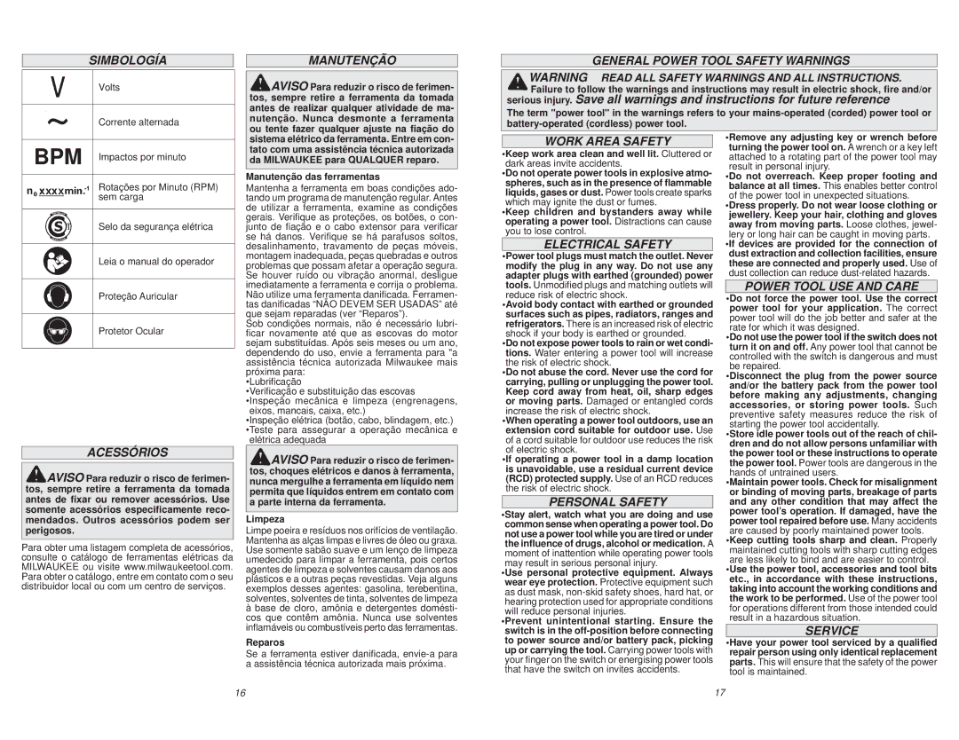 Milwaukee 5317-59 Acessórios, Manutenção, General Power Tool Safety Warnings, Electrical Safety, Power Tool USE and Care 