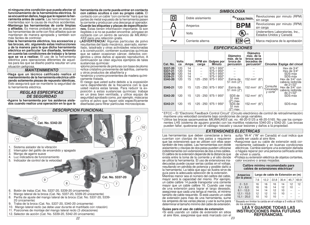 Milwaukee 5339-21 Mantenimiento, Reglas Especificas DE Seguridad, Simbología, Especificaciones, Descripcion Funcional 