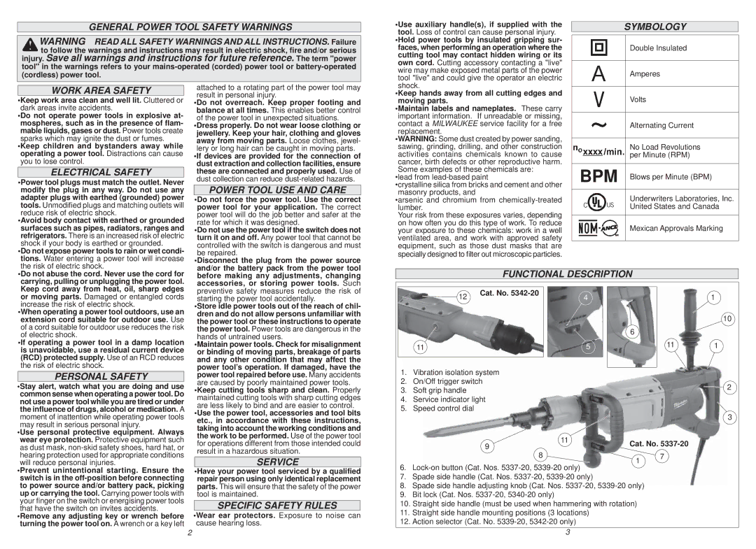 Milwaukee 5340-21 General Power Tool Safety Warnings, Symbology, Work Area Safety, Electrical Safety, Personal Safety 