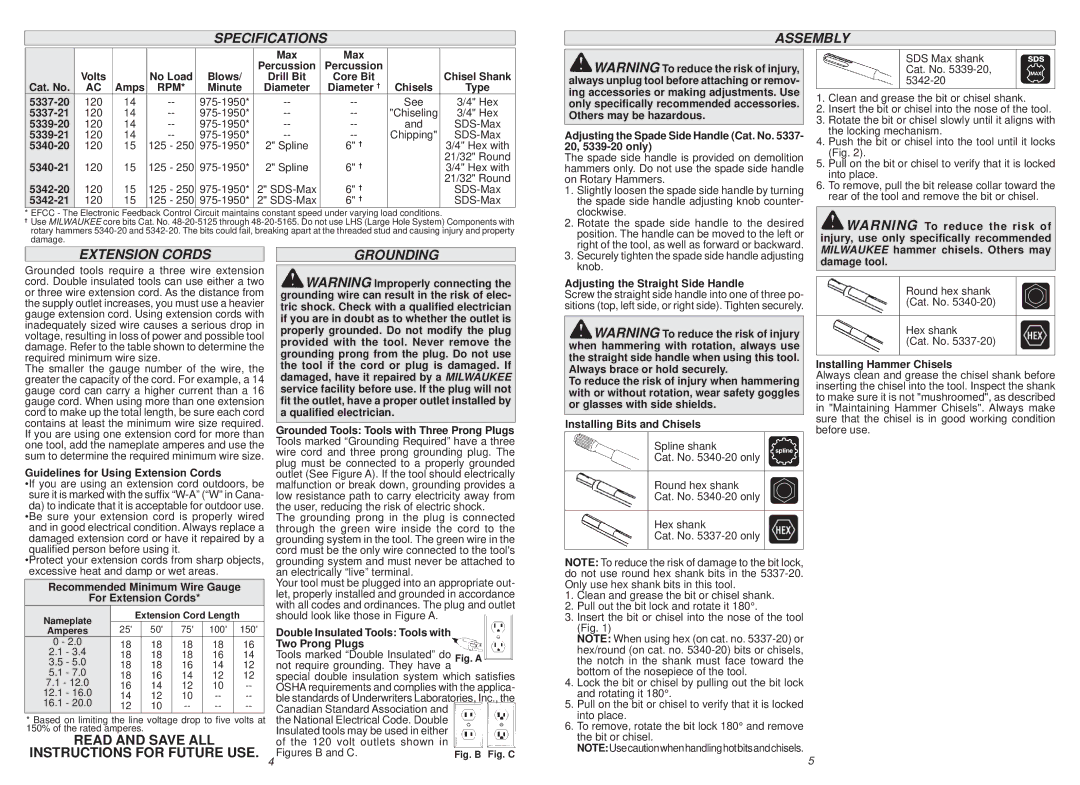 Milwaukee 5337-21, 5342-20, 5342-21, 5340-21, 5339-21, 5340-20, 5339-20 manual Specifications Assembly, Extension Cords Grounding 