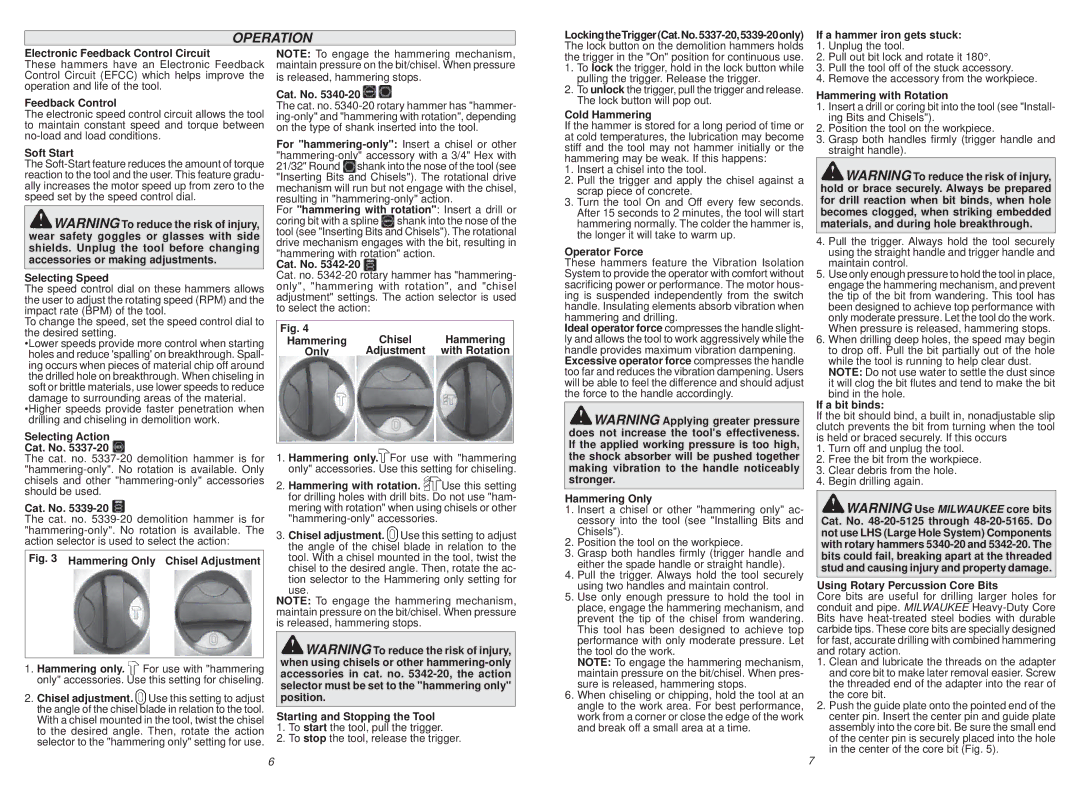 Milwaukee 5339-21, 5342-20, 5342-21, 5340-21, 5337-21, 5340-20, 5339-20, 5337-20 manual Operation 