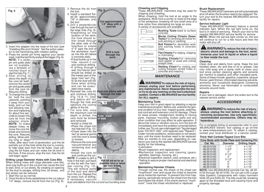 Milwaukee 5340-20, 5342-20, 5342-21, 5340-21, 5337-21, 5339-21, 5339-20, 5337-20 manual Maintenance, Accessories 