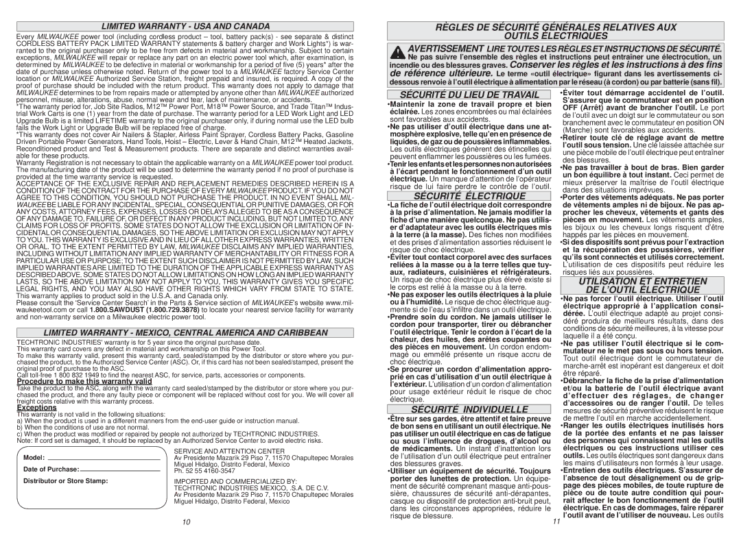 Milwaukee 5339-20, 5342-20, 5342-21, 5340-21, 5337-21 Sécurité DU Lieu DE Travail, Sécurité Électrique, Sécurité Individuelle 