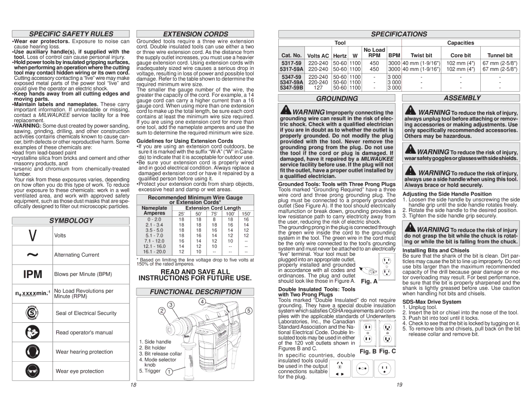 Milwaukee 5347-59B Specific Safety Rules, Extension Cords, Specifications, Grounding, Symbology, Functional Description 