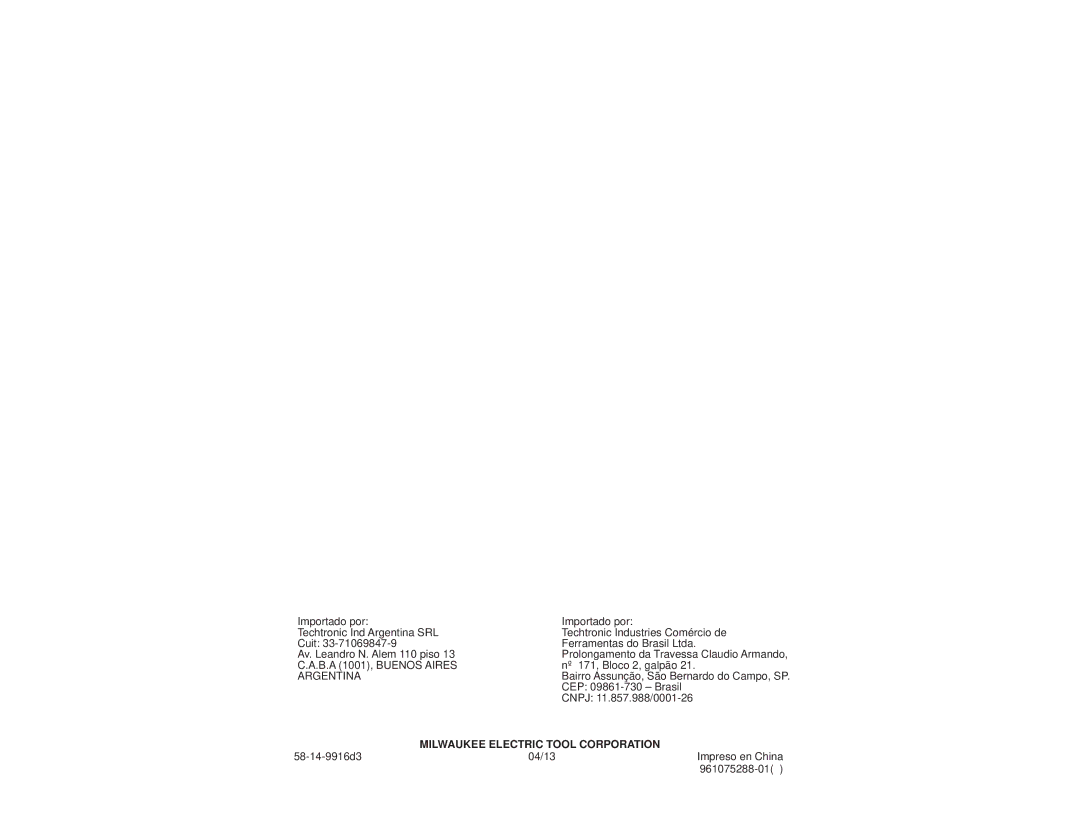 Milwaukee 5347-59B, 5317-59A, 5347-59A manual Nº 171, Bloco 2, galpão, CEP 09861-730 Brasil, Cnpj 11.857.988/0001-26 