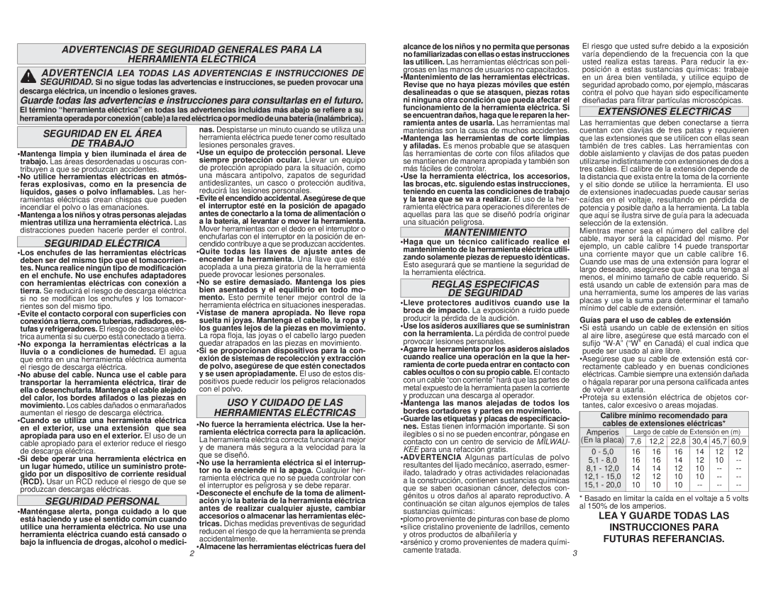 Milwaukee 5317-59 manual Extensiones Electricas, Seguridad EN EL Área DE Trabajo, Seguridad Eléctrica, Seguridad Personal 