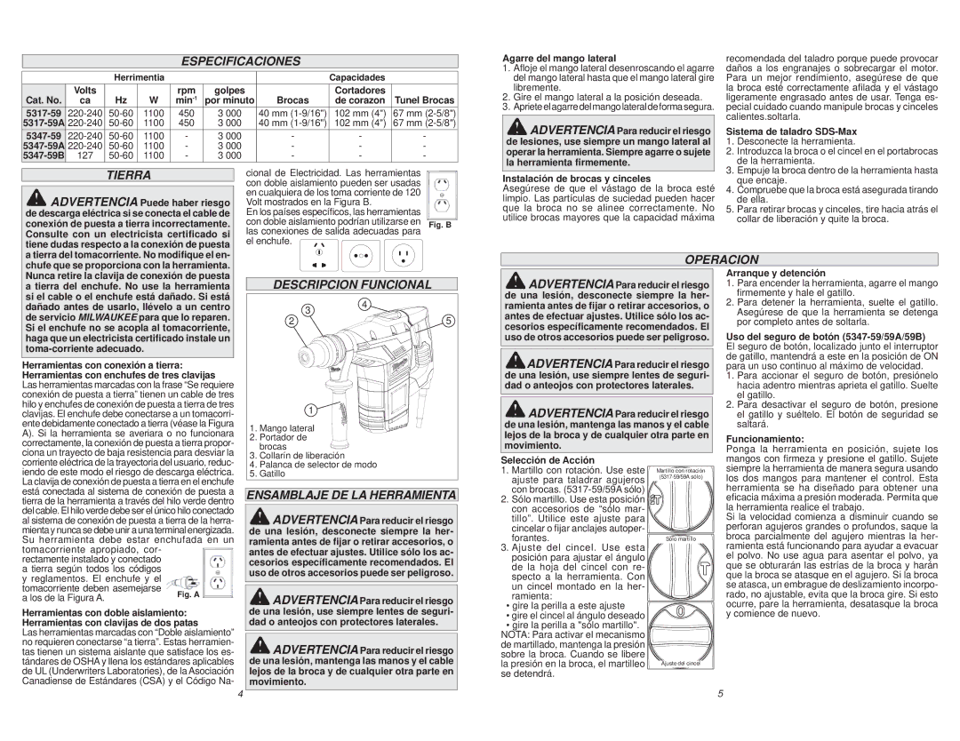 Milwaukee 5347-59B, 5317-59A Especificaciones, Tierra, Operacion, Descripcion Funcional, Ensamblaje DE LA Herramienta 