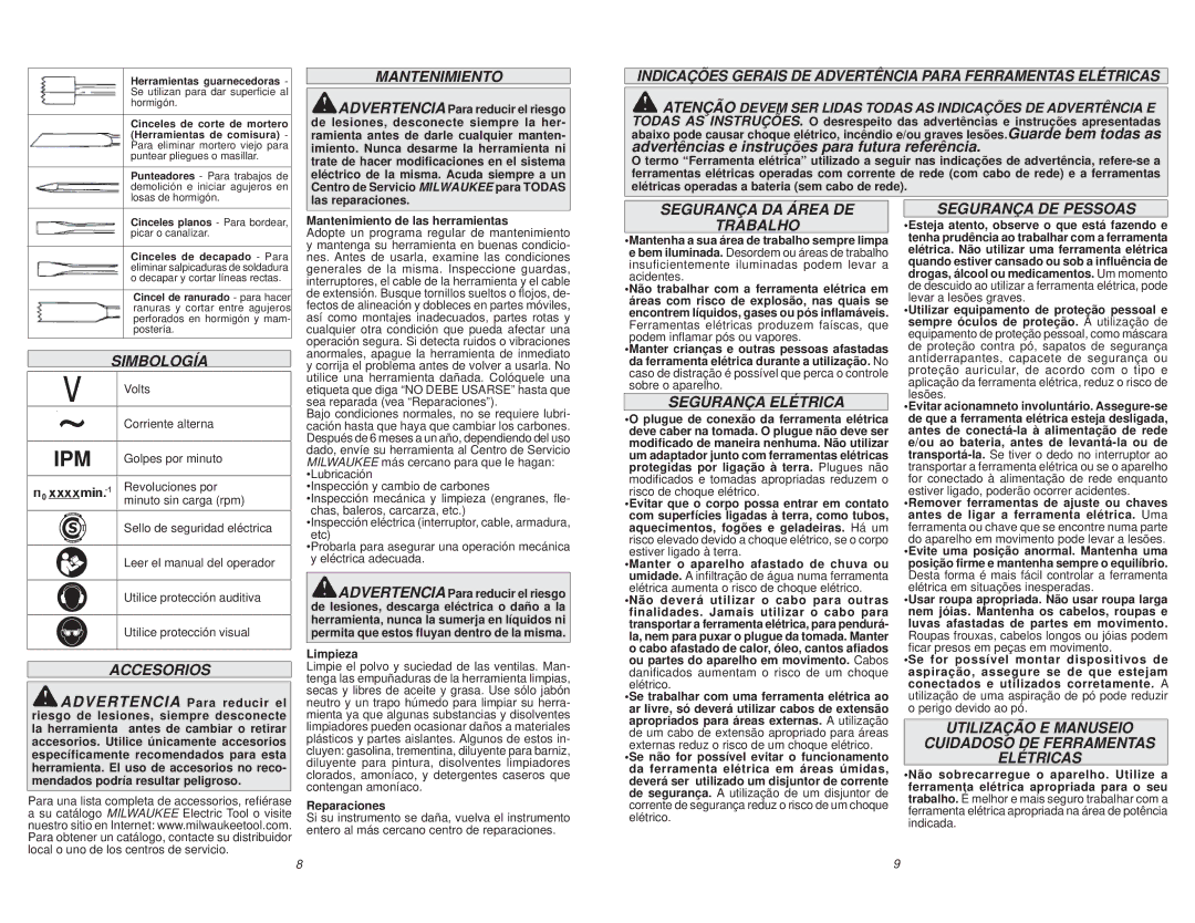 Milwaukee 5347-59B Indicações Gerais DE Advertência Para Ferramentas Elétricas, Simbología, Accesorios, Segurança Elétrica 