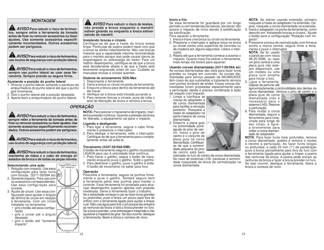 Milwaukee 5347-59B, 5317-59A, 5347-59A manual Montagem, Operação 