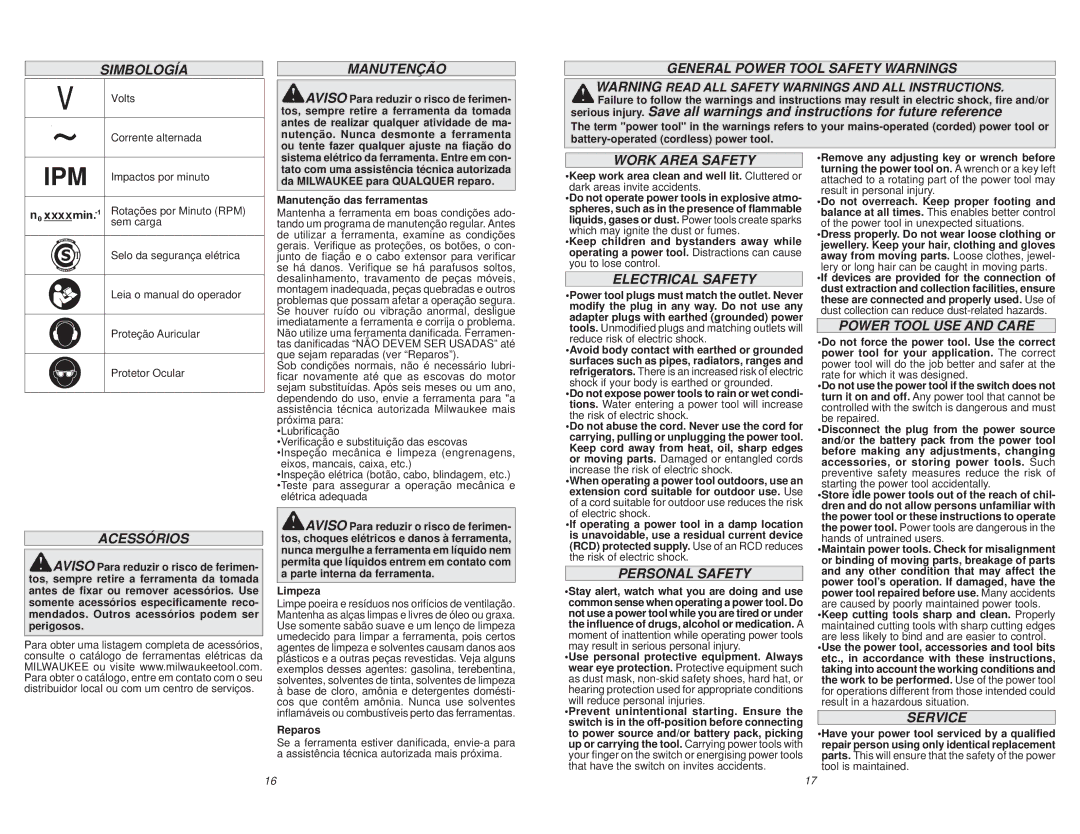 Milwaukee 5347-59A Acessórios, Manutenção, General Power Tool Safety Warnings, Electrical Safety, Power Tool USE and Care 