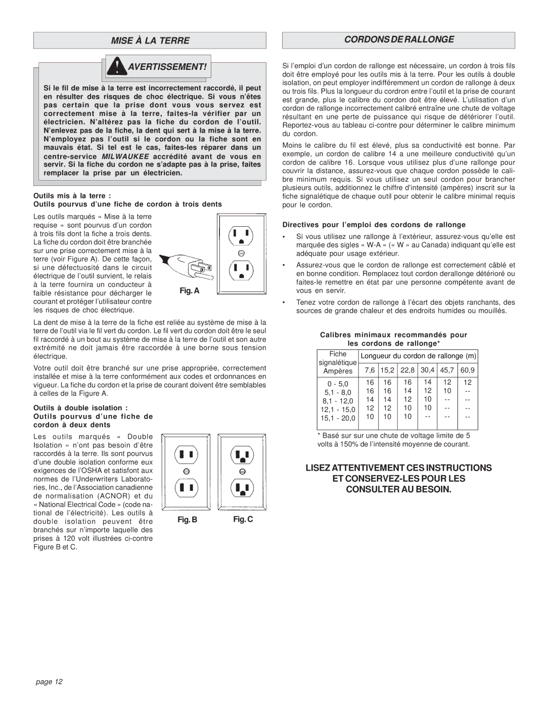 Milwaukee 5362-1 Mise À LA Terre Avertissement, Cordons DE Rallonge, Directives pour l’emploi des cordons de rallonge 