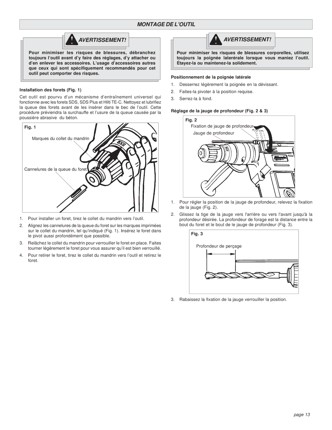 Milwaukee 5362-6, 5362-1 manual Montage DE Loutil Avertissement, Réglage de la jauge de profondeur 