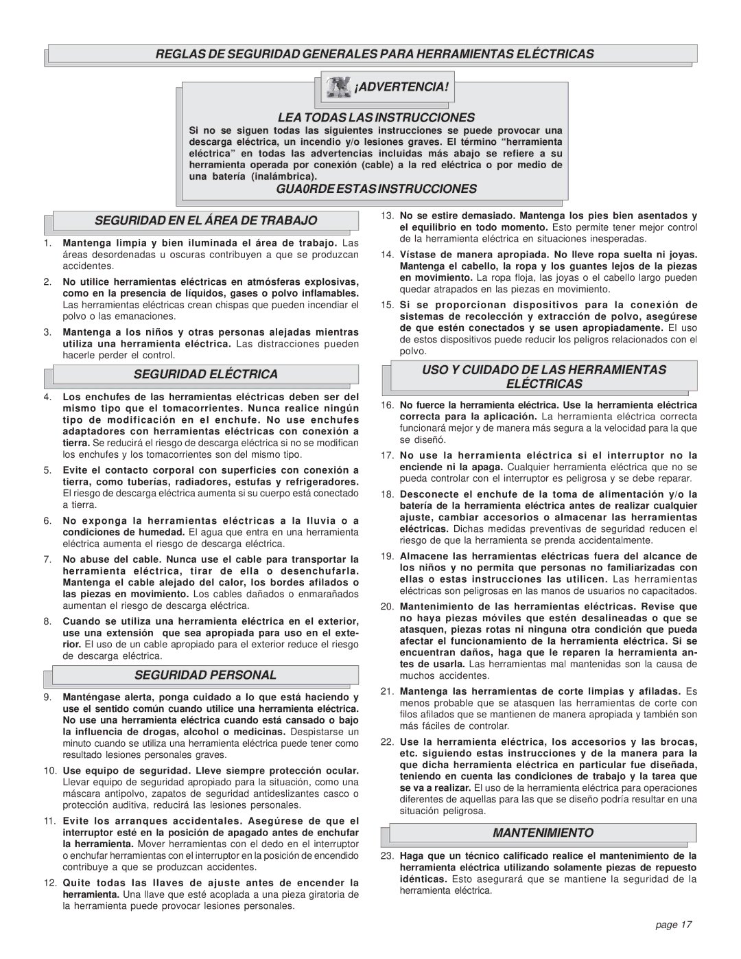 Milwaukee 5362-6 GUA0RDE Estas Instrucciones Seguridad EN EL Área DE Trabajo, Seguridad Eléctrica, Seguridad Personal 