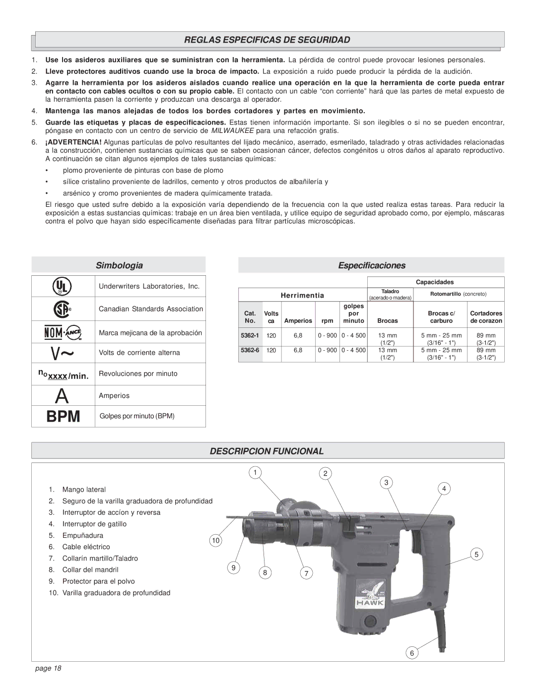 Milwaukee 5362-1, 5362-6 manual Reglas Especificas DE Seguridad, Descripcion Funcional, Herrimentia 