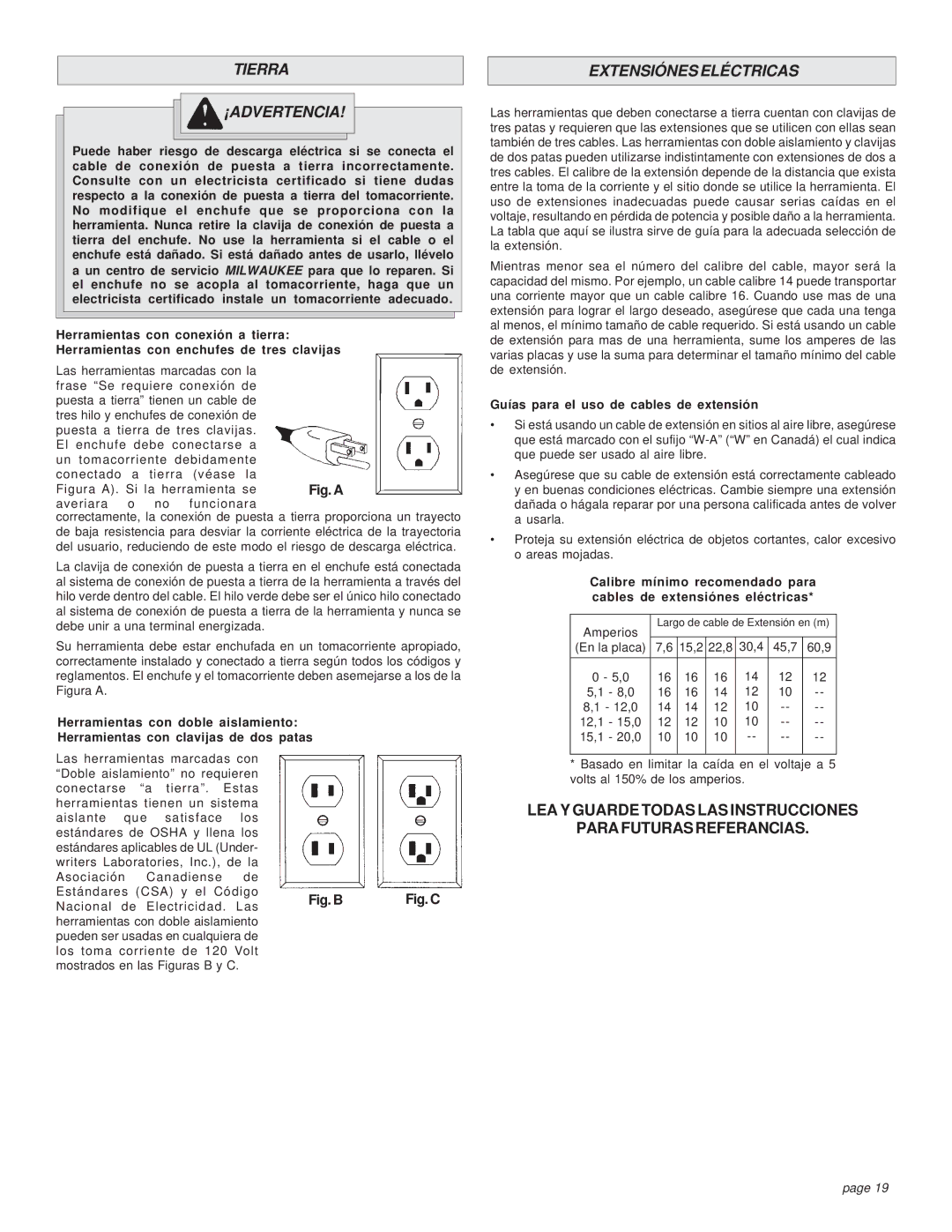 Milwaukee 5362-6, 5362-1 manual Tierra ¡ADVERTENCIA, Extensiónes Eléctricas, Guías para el uso de cables de extensión 