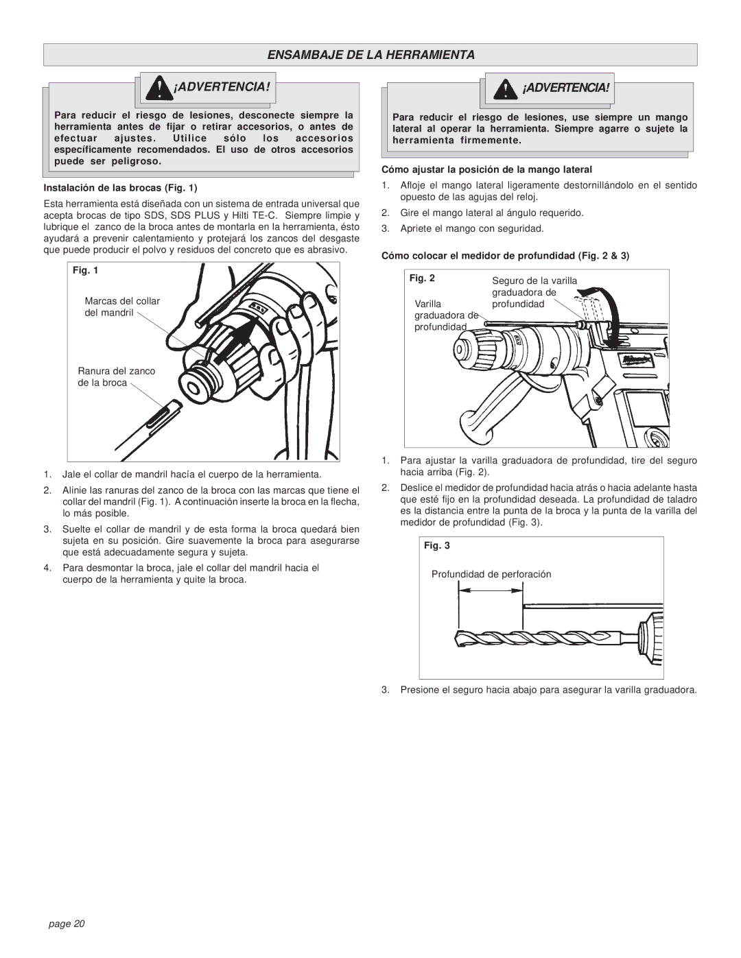 Milwaukee 5362-1, 5362-6 manual Ensambaje DE LA Herramienta ¡ADVERTENCIA, Cómo colocar el medidor de profundidad 