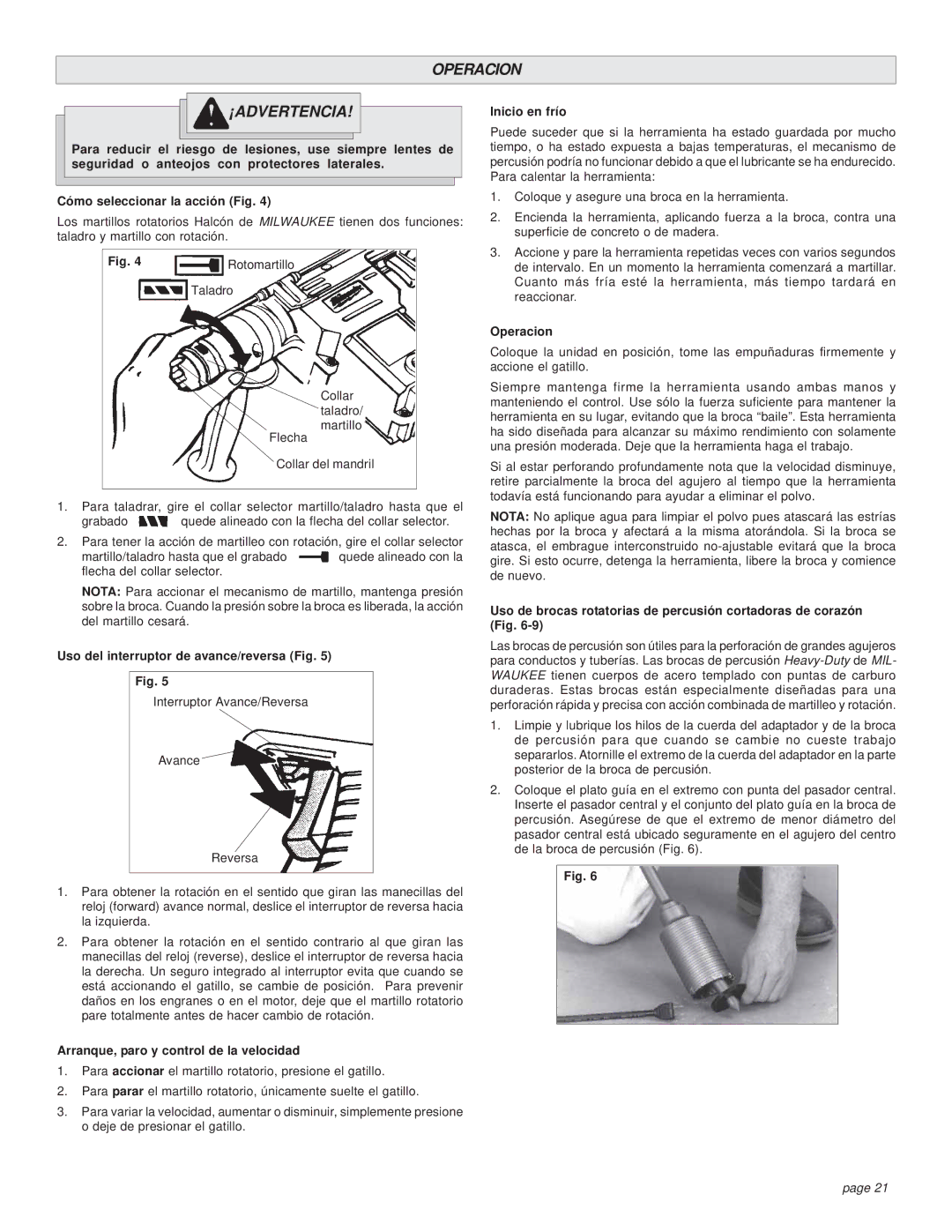 Milwaukee 5362-6, 5362-1 manual Operacion ¡ADVERTENCIA 