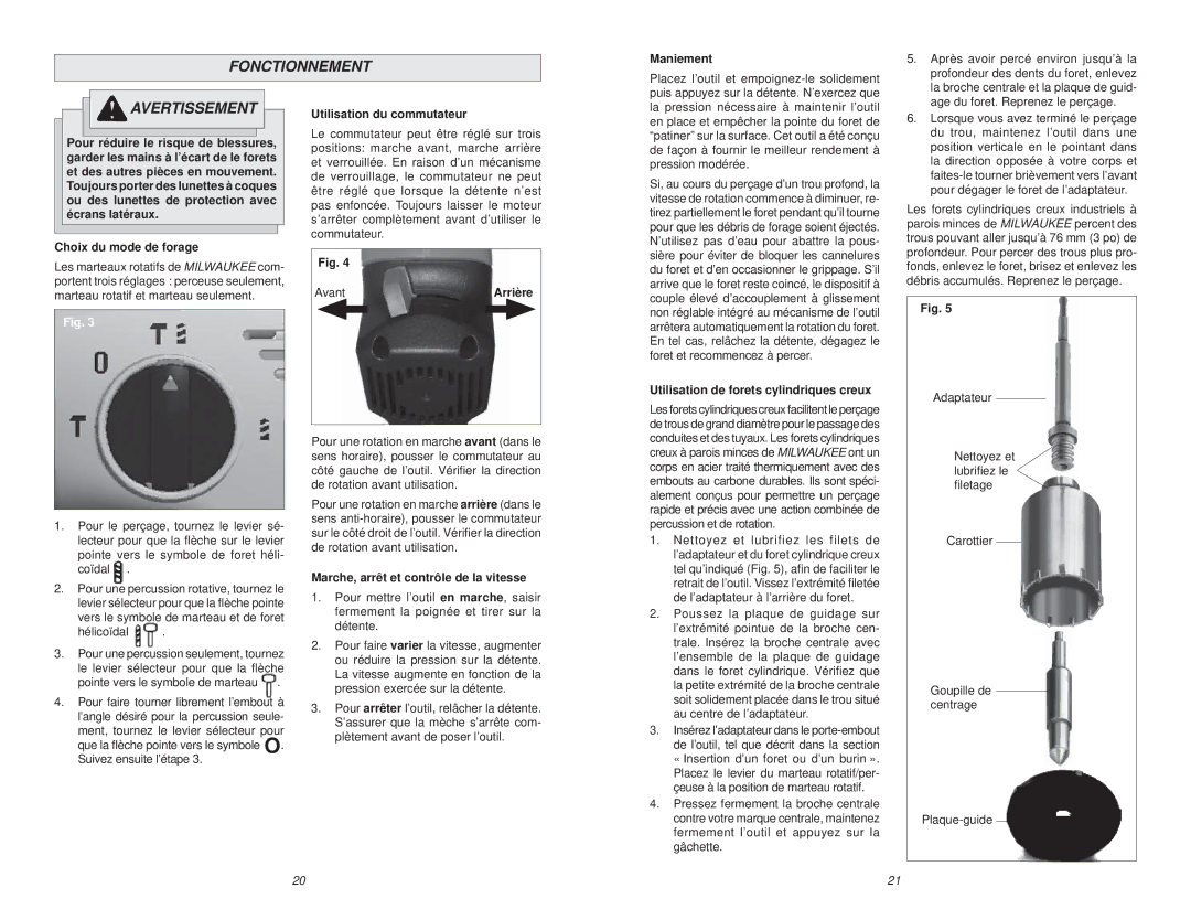 Milwaukee 5363-21 manual Fonctionnement 