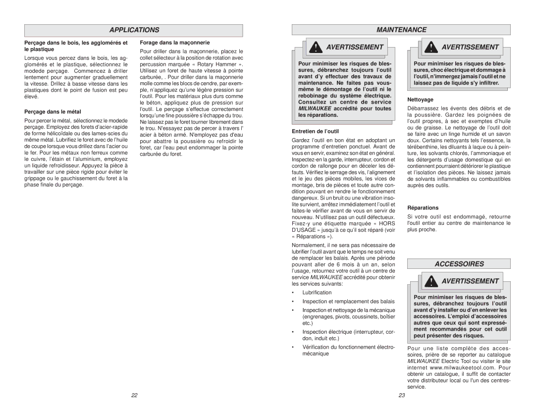 Milwaukee 5363-21 manual Applications Maintenance, Accessoires Avertissement 