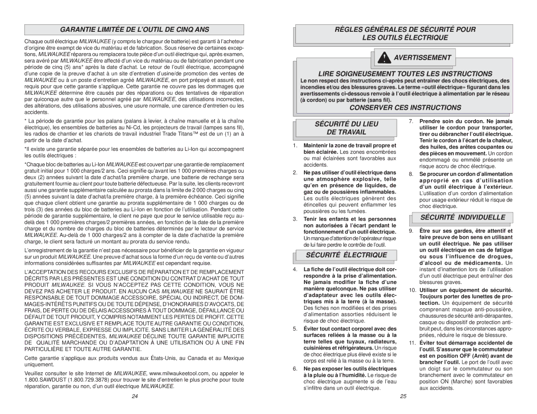 Milwaukee 5363-21 manual Garantie Limitée DE L’OUTIL DE Cinq ANS, Conserver CES Instructions 