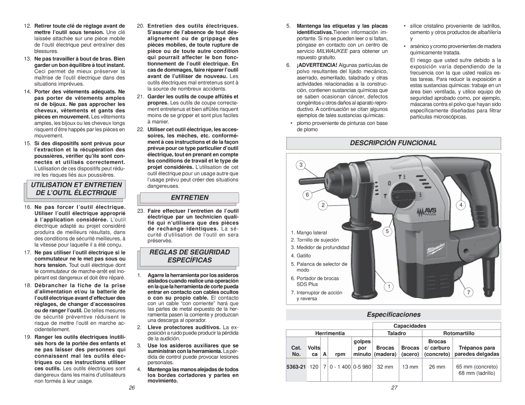 Milwaukee 5363-21 manual Descripción Funcional, Reglas DE Seguridad Específicas, Especiﬁcaciones 